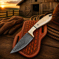 Cowboy belt knife with 3.5 inch Damascus steel blade and bone handle