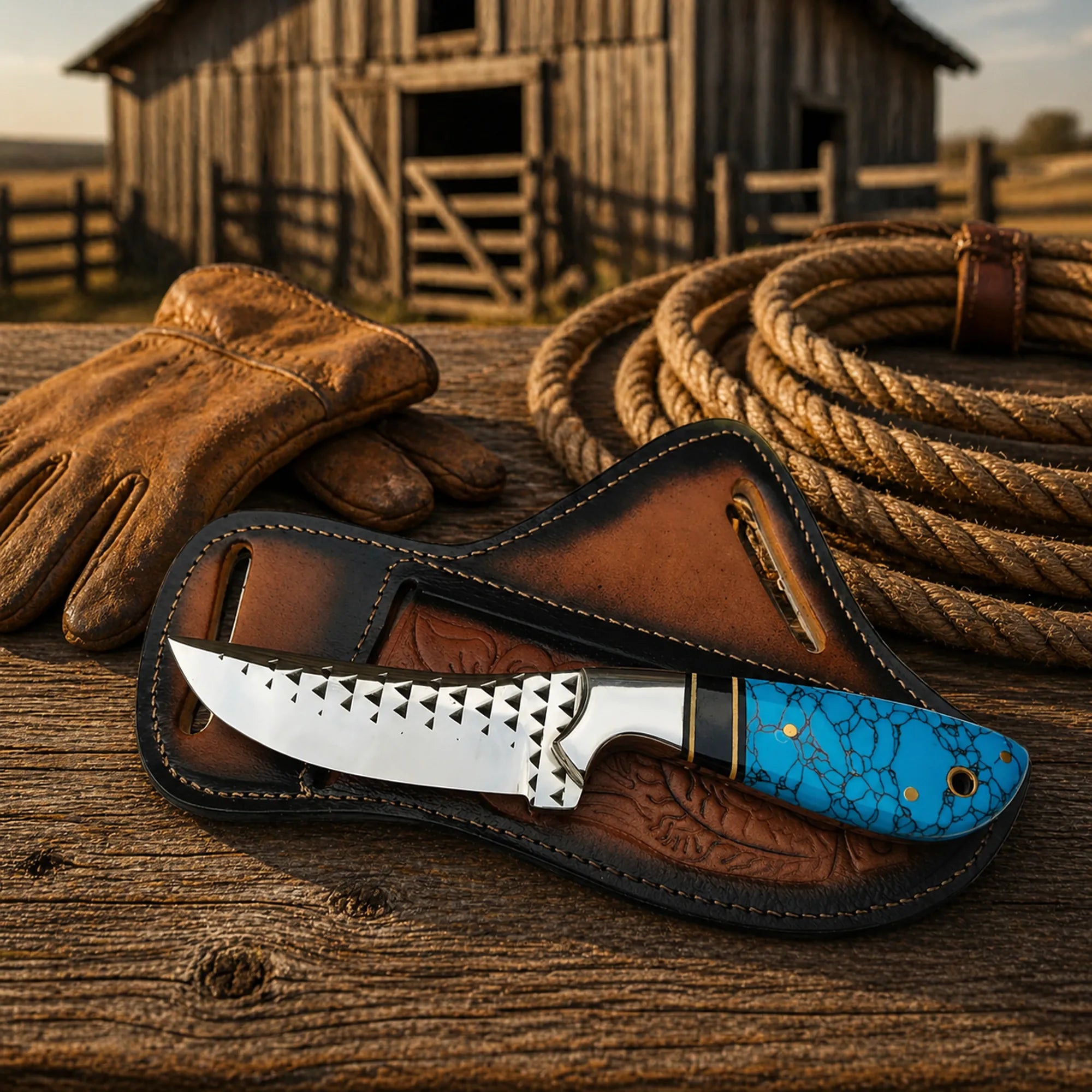 Handmade cowboy belt knife with turquoise handle and leather sheath