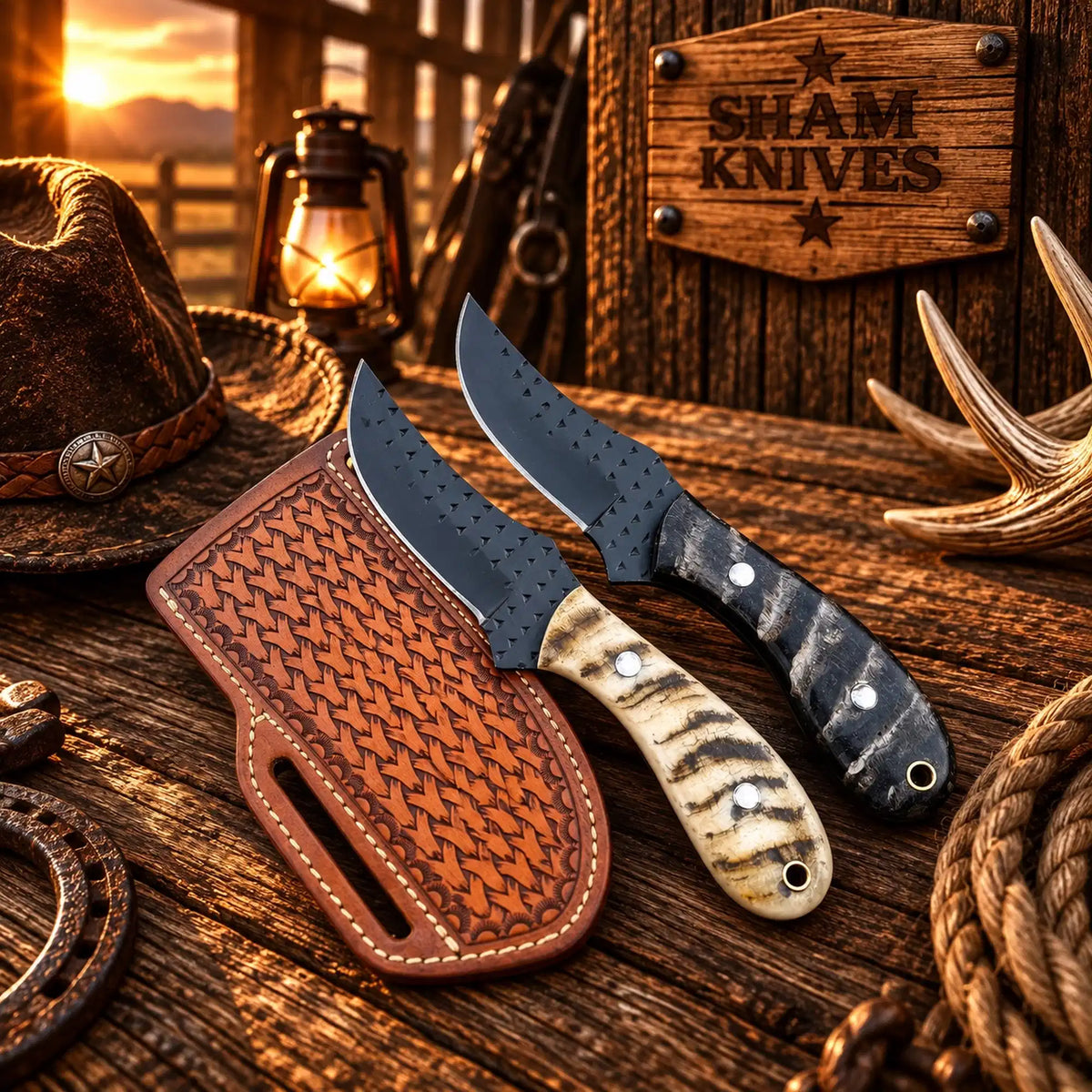 Two-piece cowboy belt skinner knife set made from rasp steel