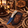 Cowboy belt skinner knife with rasp steel blade and sheep horn handle