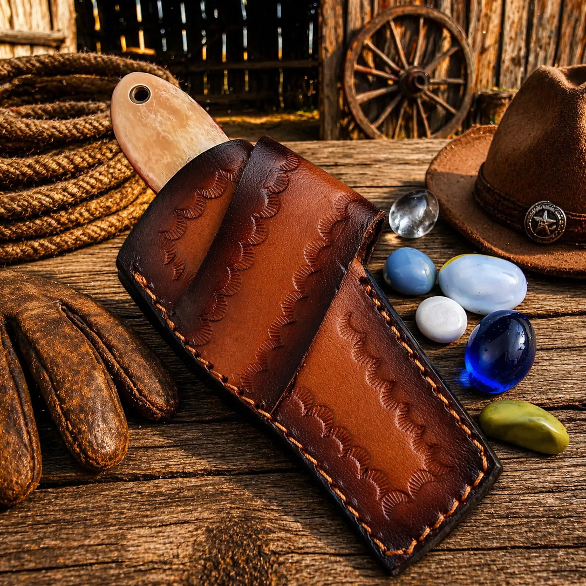 Handmade rasp steel cowboy bull cutter knife with turquoise and camel bone handle and leather sheath western style