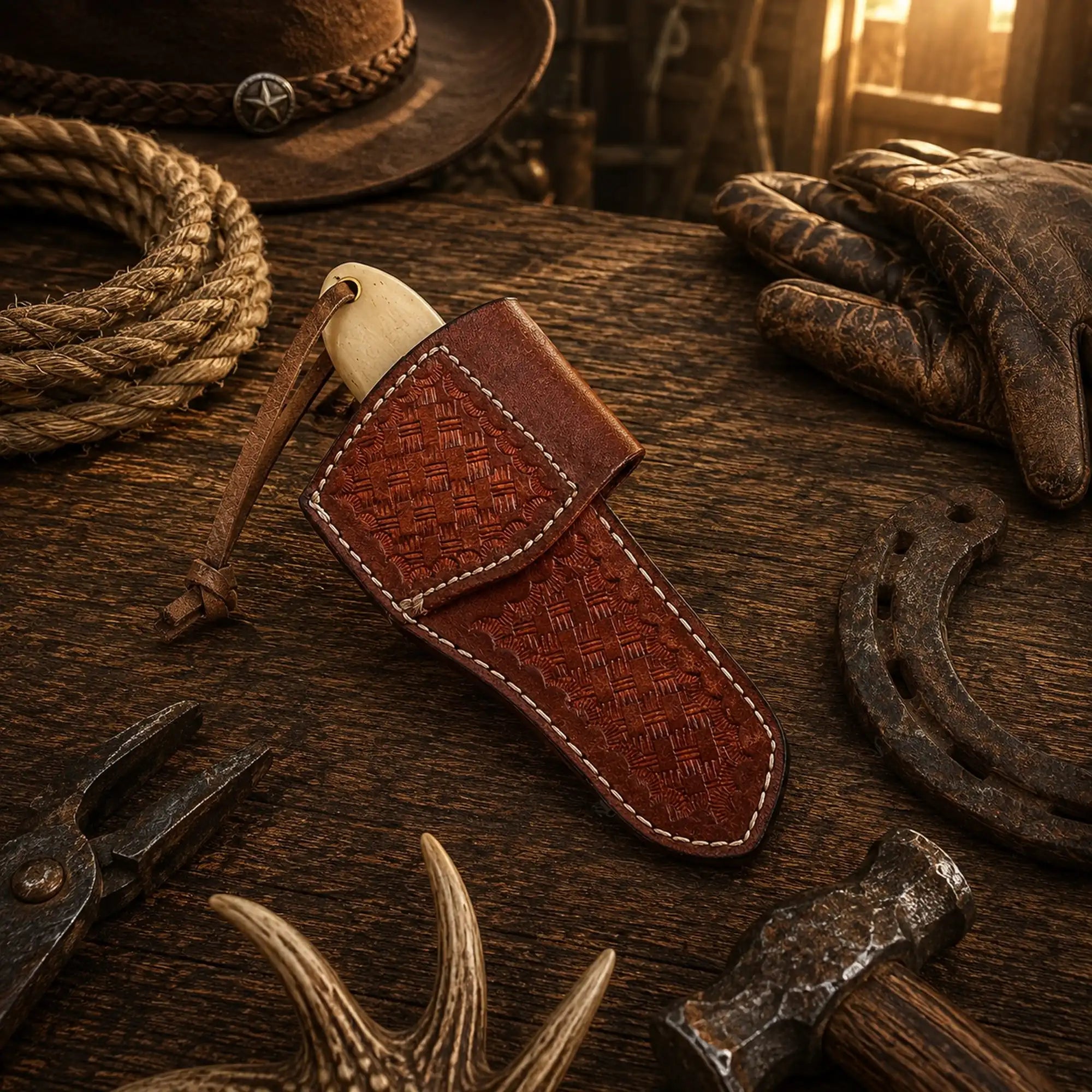 Cowboy Ranch Fixed Blade Damascus Knife with Bone Handle