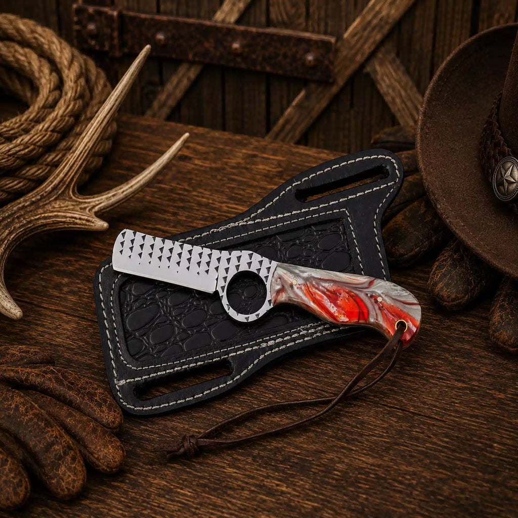 Handmade Cowboy Bull Cutter Knife with a 3.75-inch Rasp Steel blade, red epoxy resin handle, and genuine leather pancake sheath.