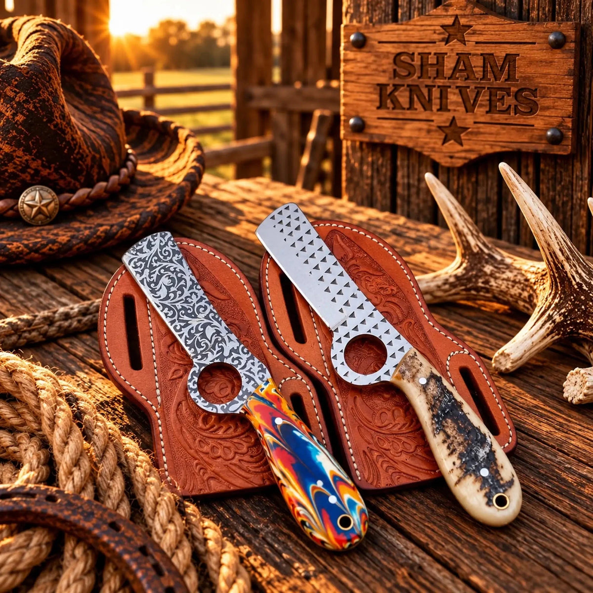 Cowboy Bull Cutter Pair – D2 & Rasp Steel Finger Grip Knives - SHAM KNIVESBull cutterSHAM KNIVESCowboy Bull Cutter Pair with floral D2 and rasp steel blades