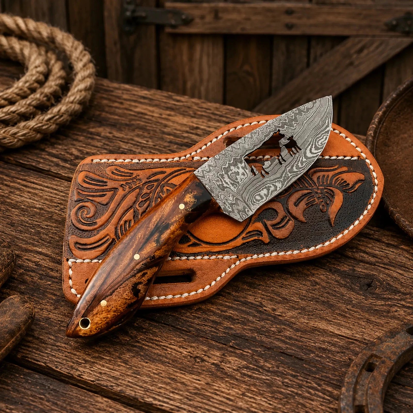 Cowboy Cattle Field Knife – Damascus Steel Blade Resin Handle - SHAM KNIVESCowboy KnifeSHAM KNIVESHandmade cowboy cattle field knife with Damascus steel blade and resin handle with leather belt sheath