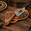 Handmade cowboy cattle field knife with Damascus steel blade and resin handle with leather belt sheath