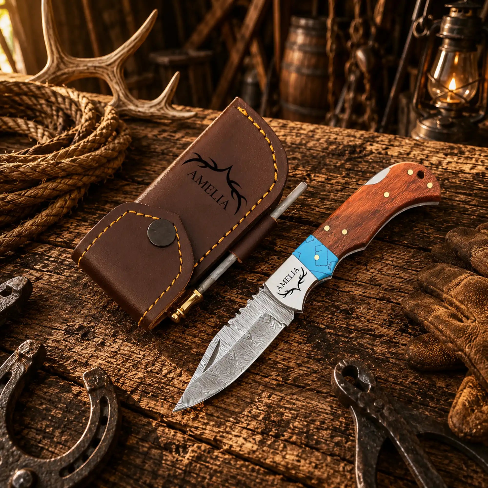 Cowboy Champion Damascus folding pocket knife with turquoise and wood handle with leather sheath.