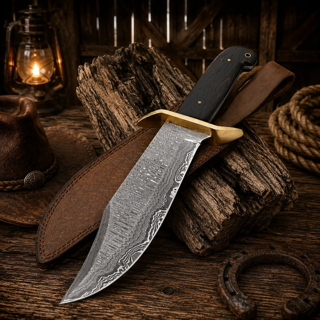 Premium Western cowboy hunting Bowie knife with leather sheath
