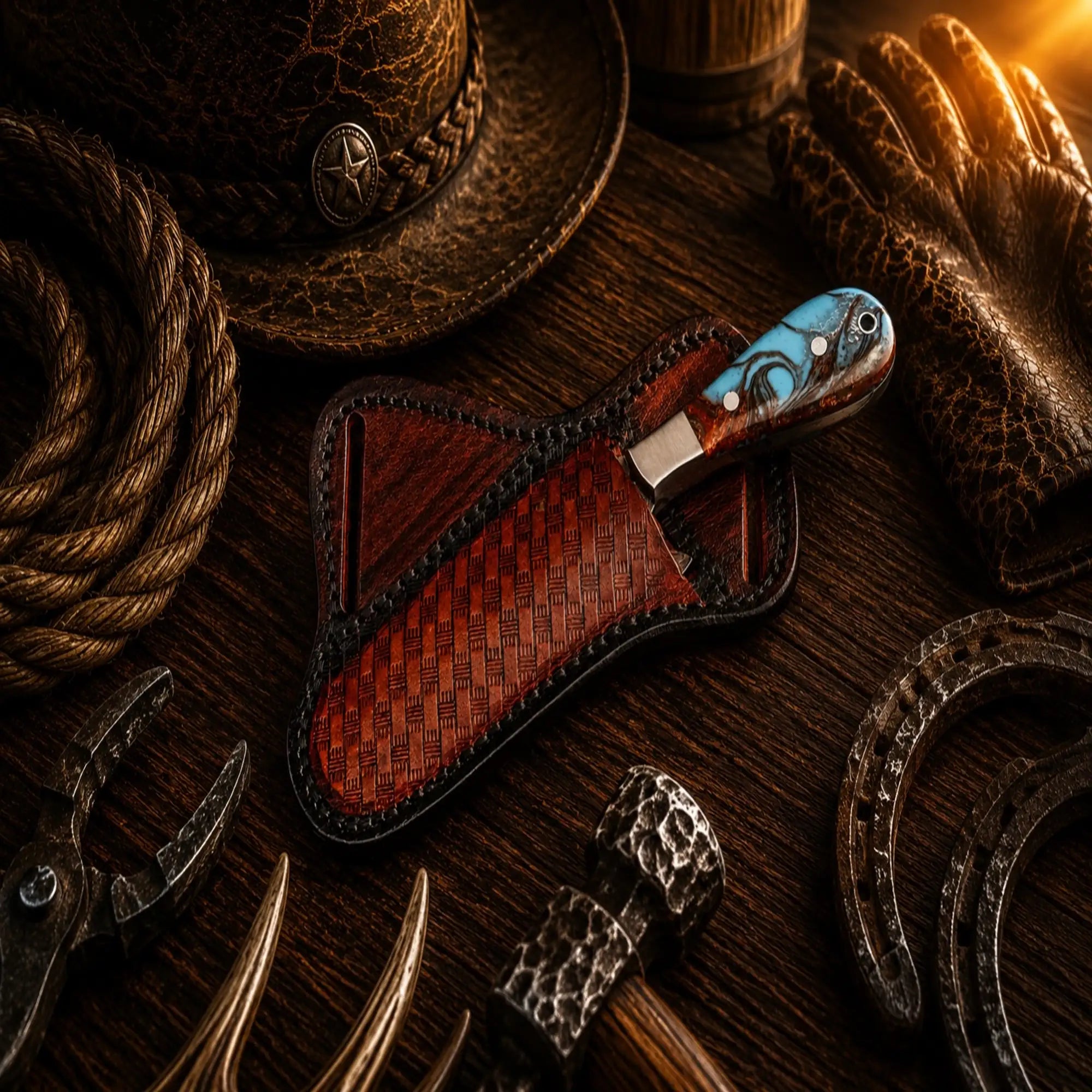 Western bull cutter knife with full tang Damascus blade and leather sheath