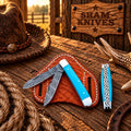 Cowboy Damascus double-blade trapper folding knife