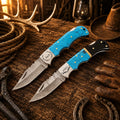 Handmade Cowboy Damascus folding pocket knife set with turquoise handles with premium leather sheaths.