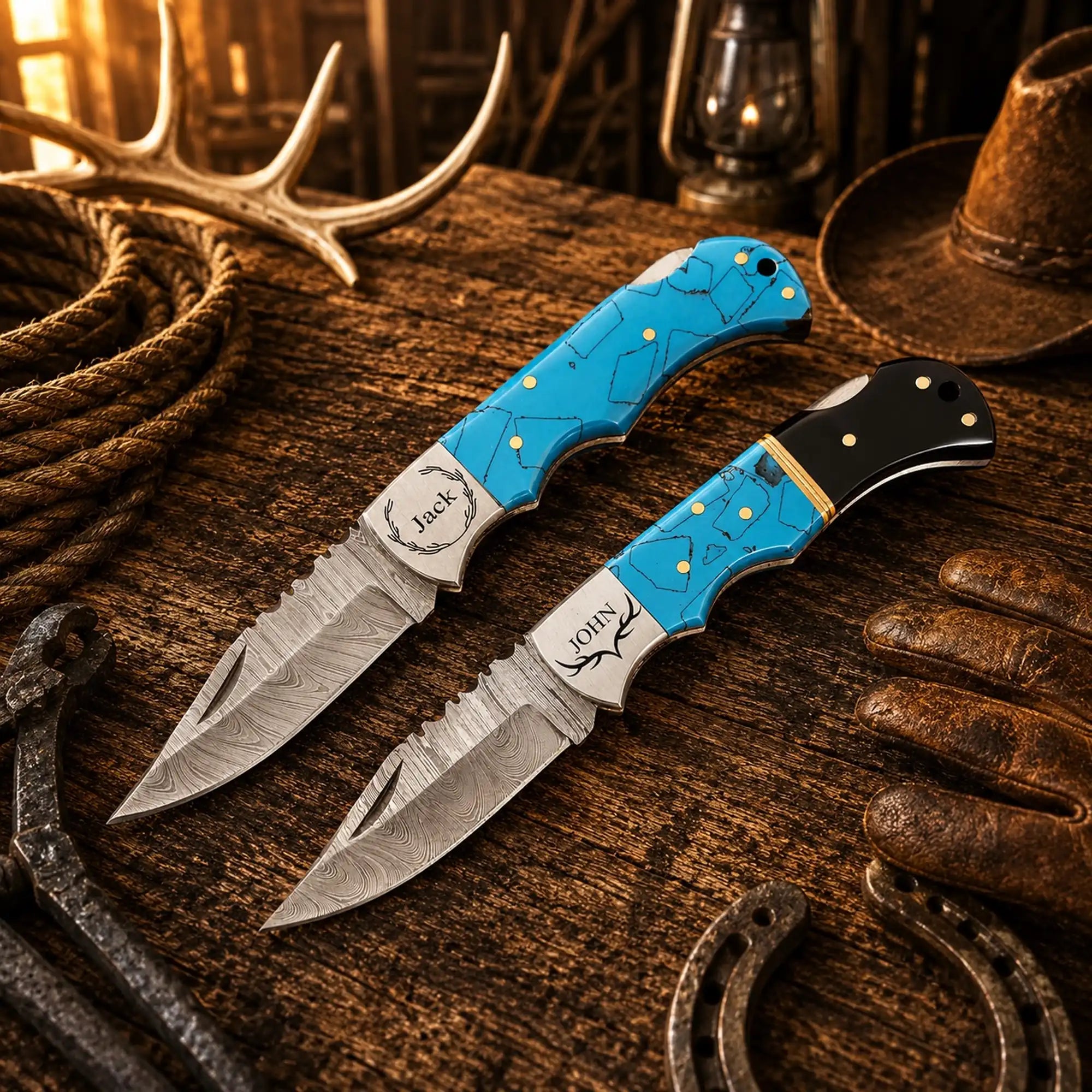 Handmade Cowboy Damascus folding pocket knife set with turquoise handles with premium leather sheaths.