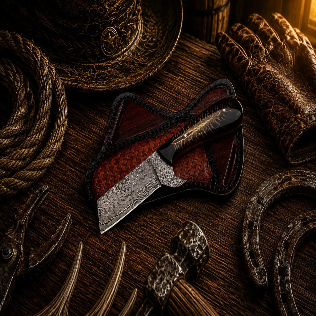 Handmade Damascus cowboy knife with stabilized pinecone resin handle.