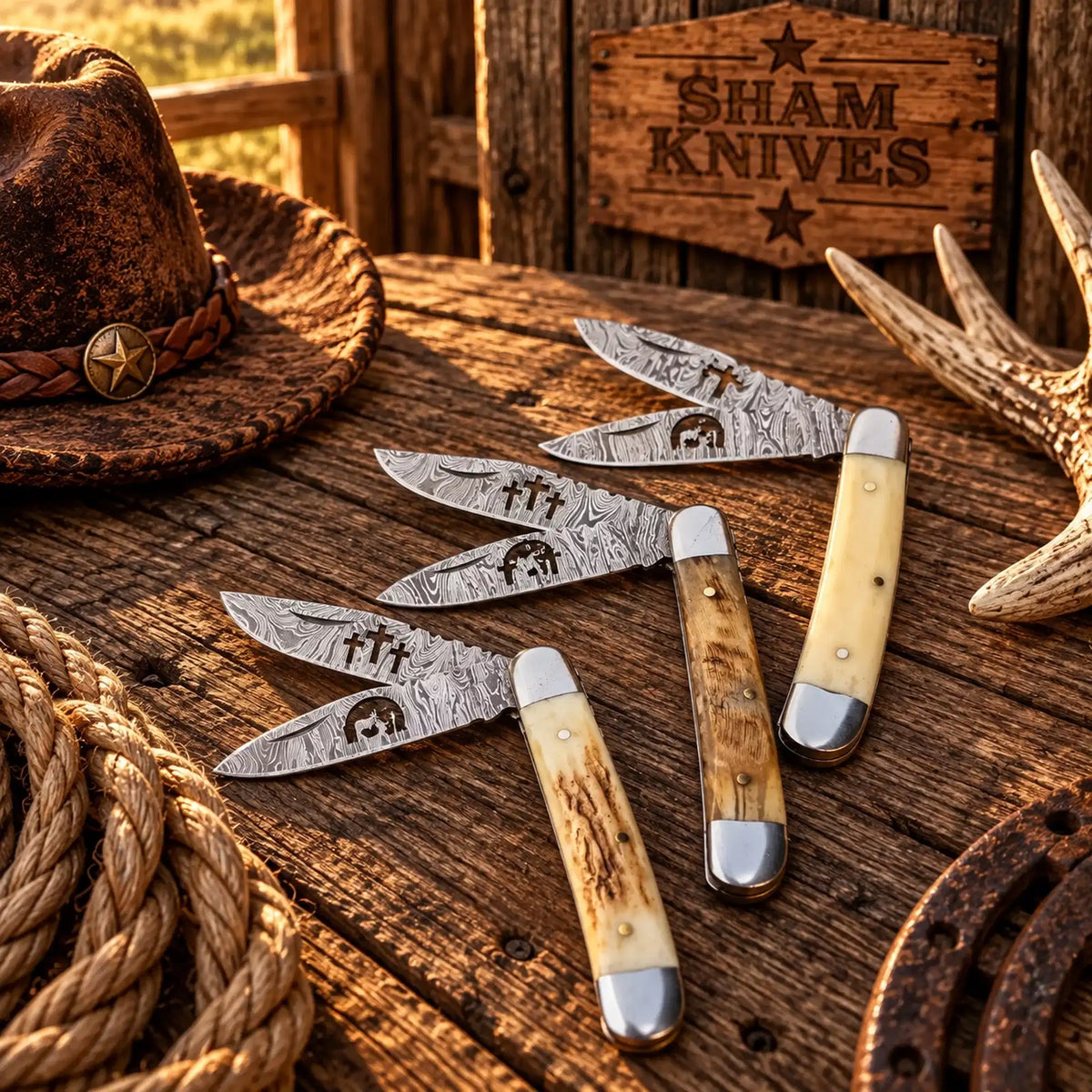  Three cowboy Damascus trapper folding knives with double blades