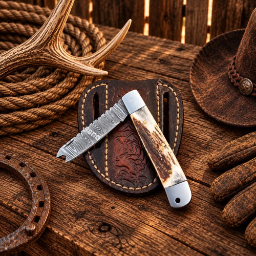 Cowboy Damascus trapper folding knife with natural stag horn handle