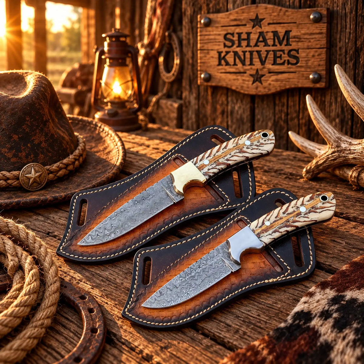 Cowboy Duo Damascus field-dressing knife set