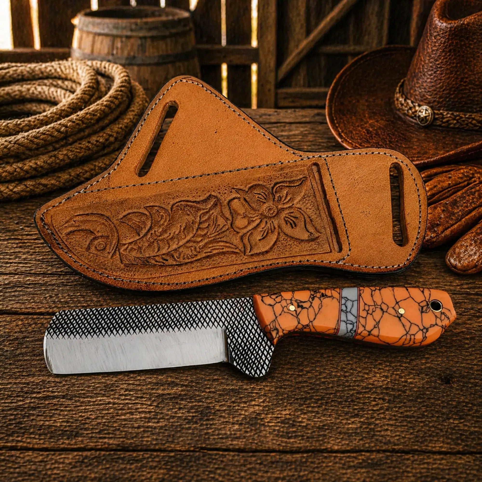 EDC fixed blade bullcutter knife western style leather sheath