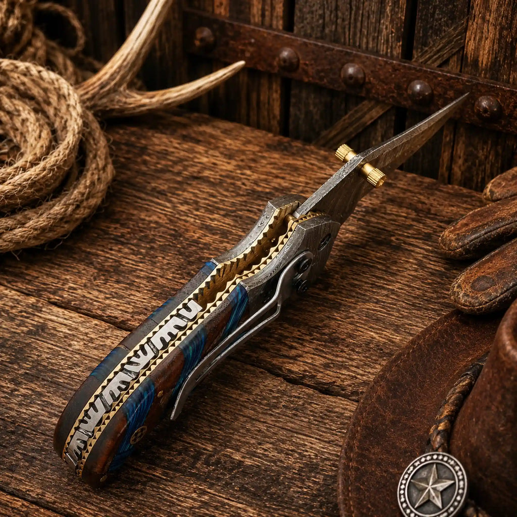 Custom cowboy folding pocket knife with Damascus steel blade, ergonomic compact wood handle, secure under lock, and handcrafted leather sheath.