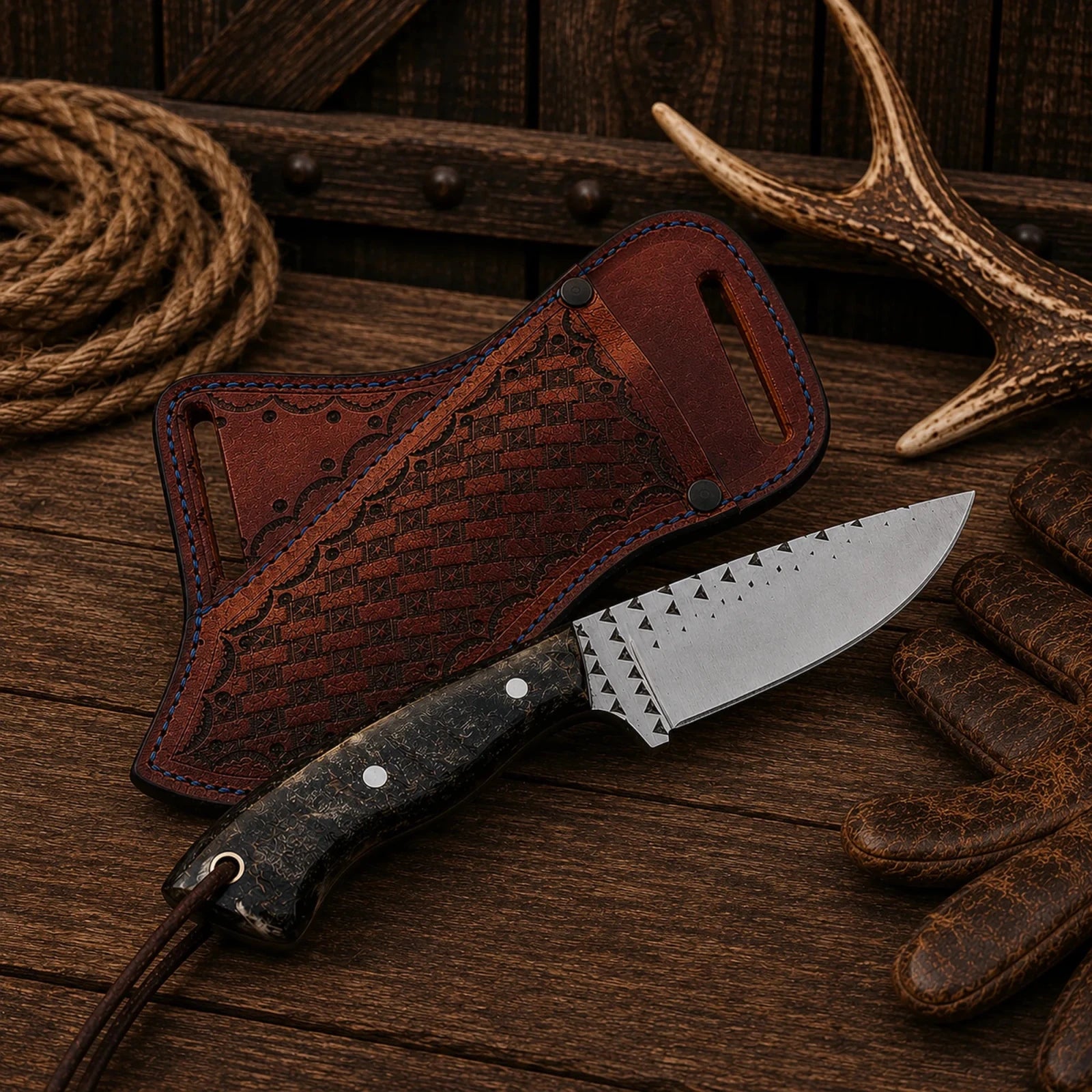 Cowboy Field Champion Knife – Rasp Steel Blade & Natural Sheep Horn Handle - SHAM KNIVESCowboy KnifeSHAM KNIVESShamKnives handcrafted hunting knife with leather sheath.