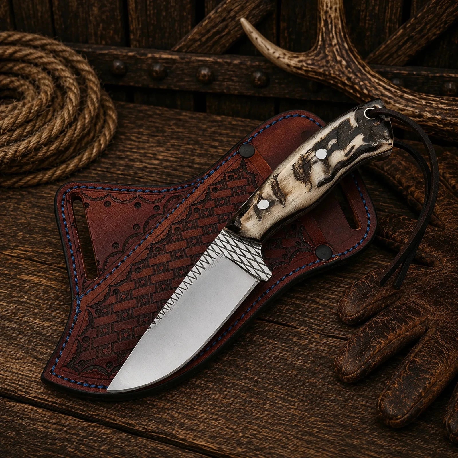 Cowboy Field Champion Knife – Rasp Steel Blade & Natural Sheep Horn Handle - SHAM KNIVESCowboy KnifeSHAM KNIVESFixed blade hunting knife with genuine leather hunting sheath.