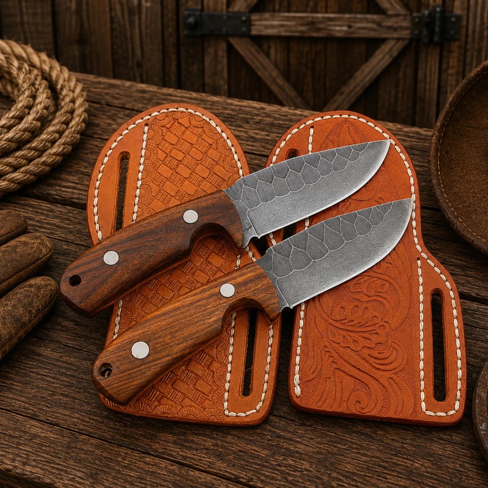 Cowboy Field Knife Set – Handcrafted D2 Steel Working Blades - SHAM KNIVESCowboy KnifeSHAM KNIVESWestern fixed blade knife set with handcrafted leather belt sheaths.