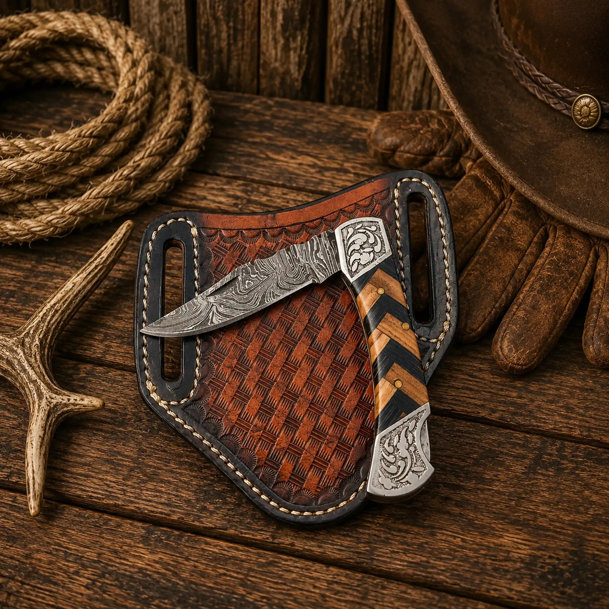 Handmade Damascus cowboy field pocket knife with compact wood handle