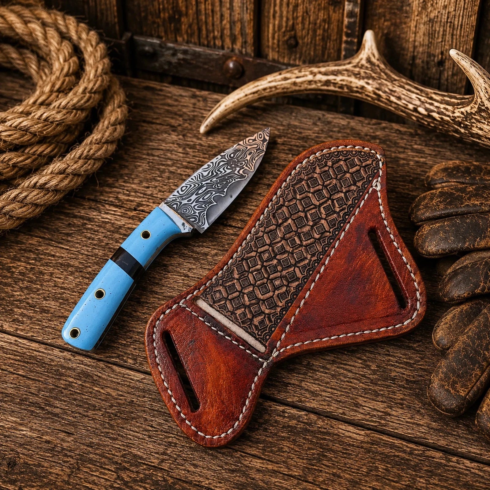 Cowboy Field Skinner Knife – Damascus Steel, Turquoise Resin Handle & Side Carry Sheath - SHAM KNIVESCowboy KnifeSHAM KNIVESWestern hunting knife featuring a turquoise resin handle and leather side carry sheath.