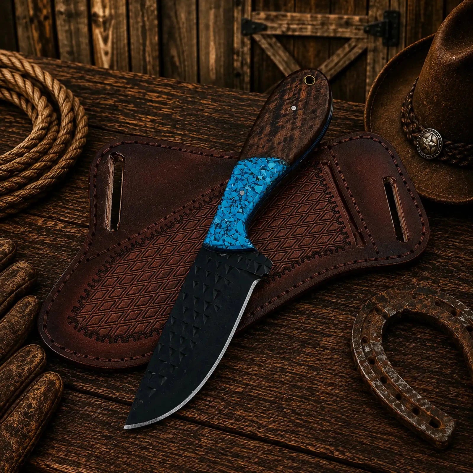 Cowboy Field Working Knife – Black Powder Coated Rasp Steel Blade with Turquoise & wood Handle - SHAM KNIVESCowboy KnifeSHAM KNIVESCowboy ranch knife featuring black coated rasp steel blade and rosewood scales.