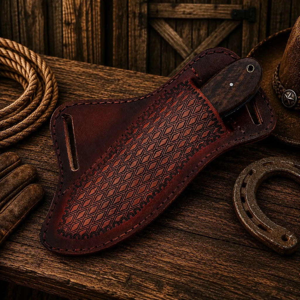 Cowboy Field Working Knife – Black Powder Coated Rasp Steel Blade with Turquoise & wood Handle - SHAM KNIVESCowboy KnifeSHAM KNIVESWestern-style fixed blade knife with premium leather sheath.