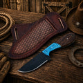 Handmade cowboy field working knife with black powder coated rasp steel blade and turquoise rosewood handle.