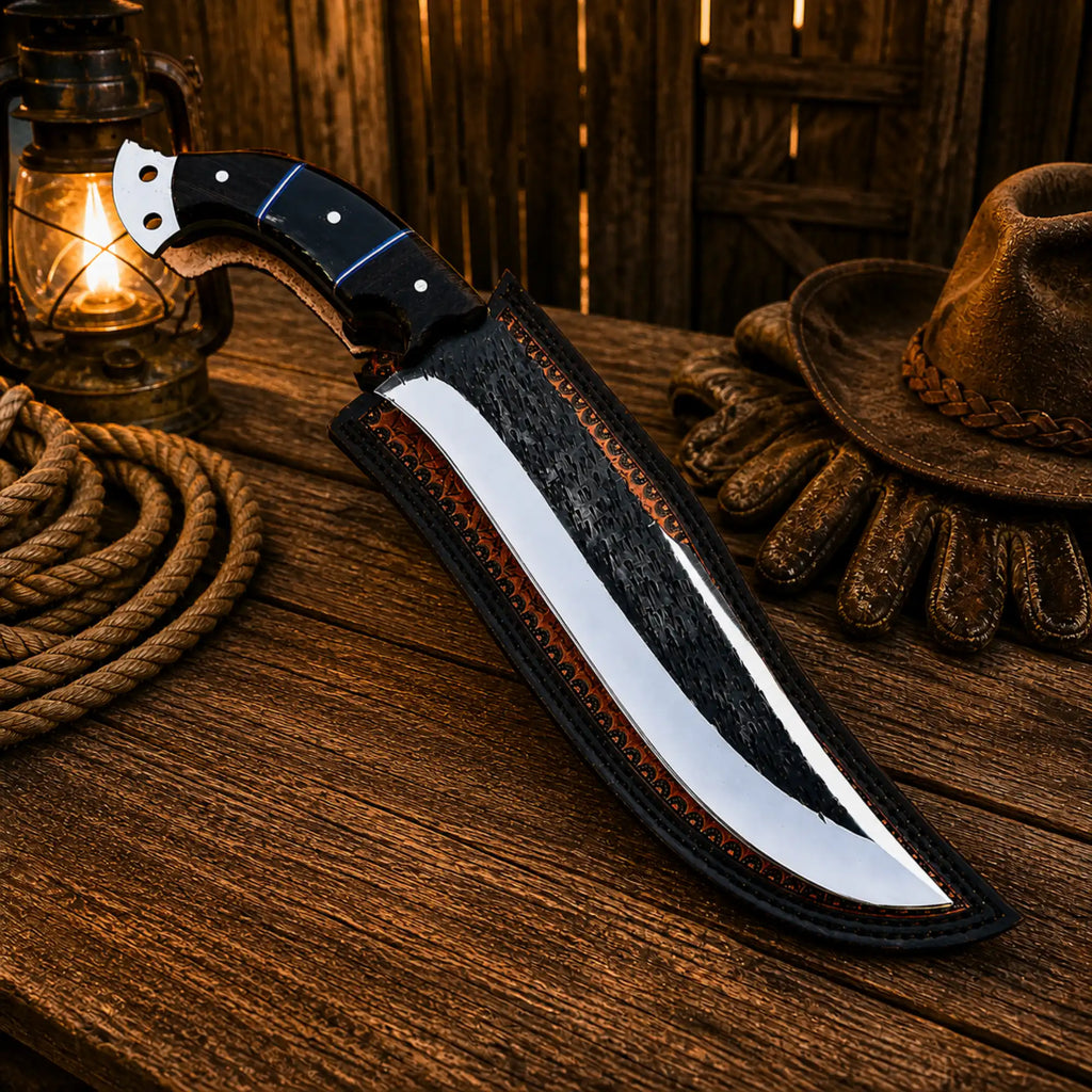 Outdoor survival hunting knife with handcrafted leather sheath and D2 steel blade