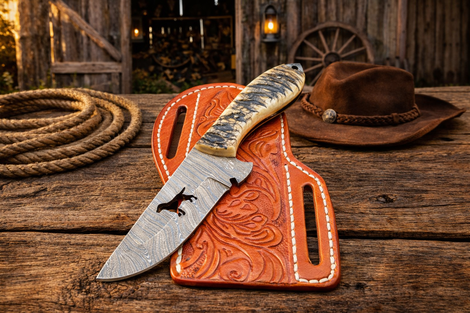 Cowboy hunting belt knife with 4 inch Damascus steel blade, sheep horn handle and dog wire cut blade with tooled leather sheath on rustic wooden table in western barn setting