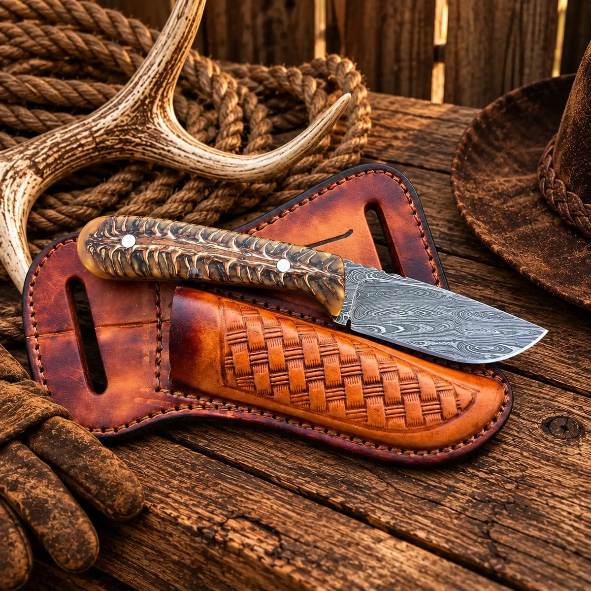 Cowboy hunting knife with forged Damascus steel blade and pinecone handle