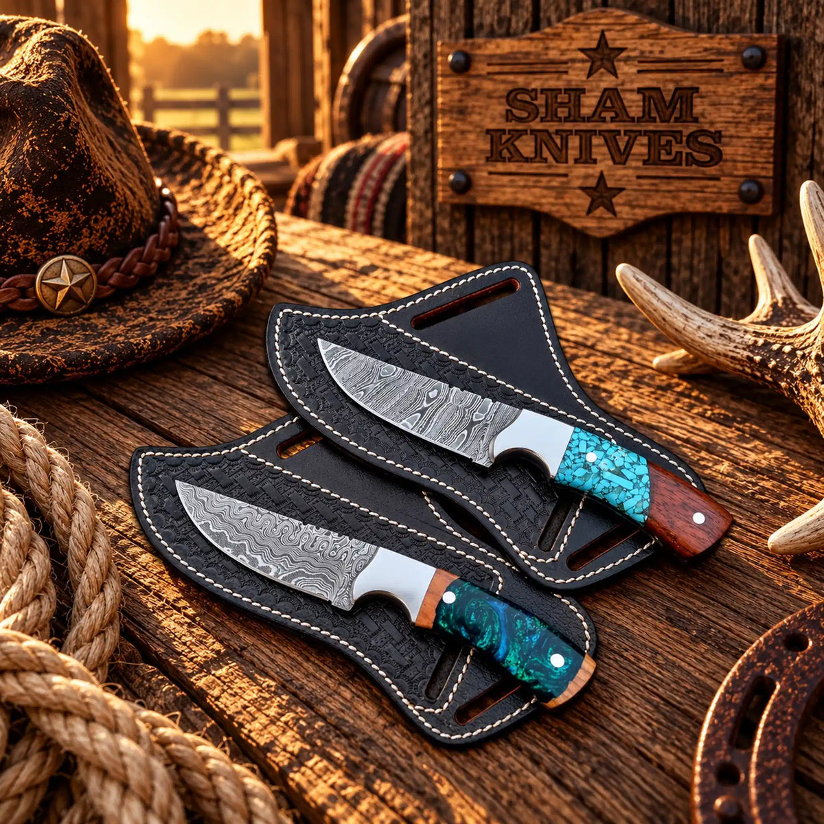Cowboy hunting knife duo with 4-inch Damascus steel blades