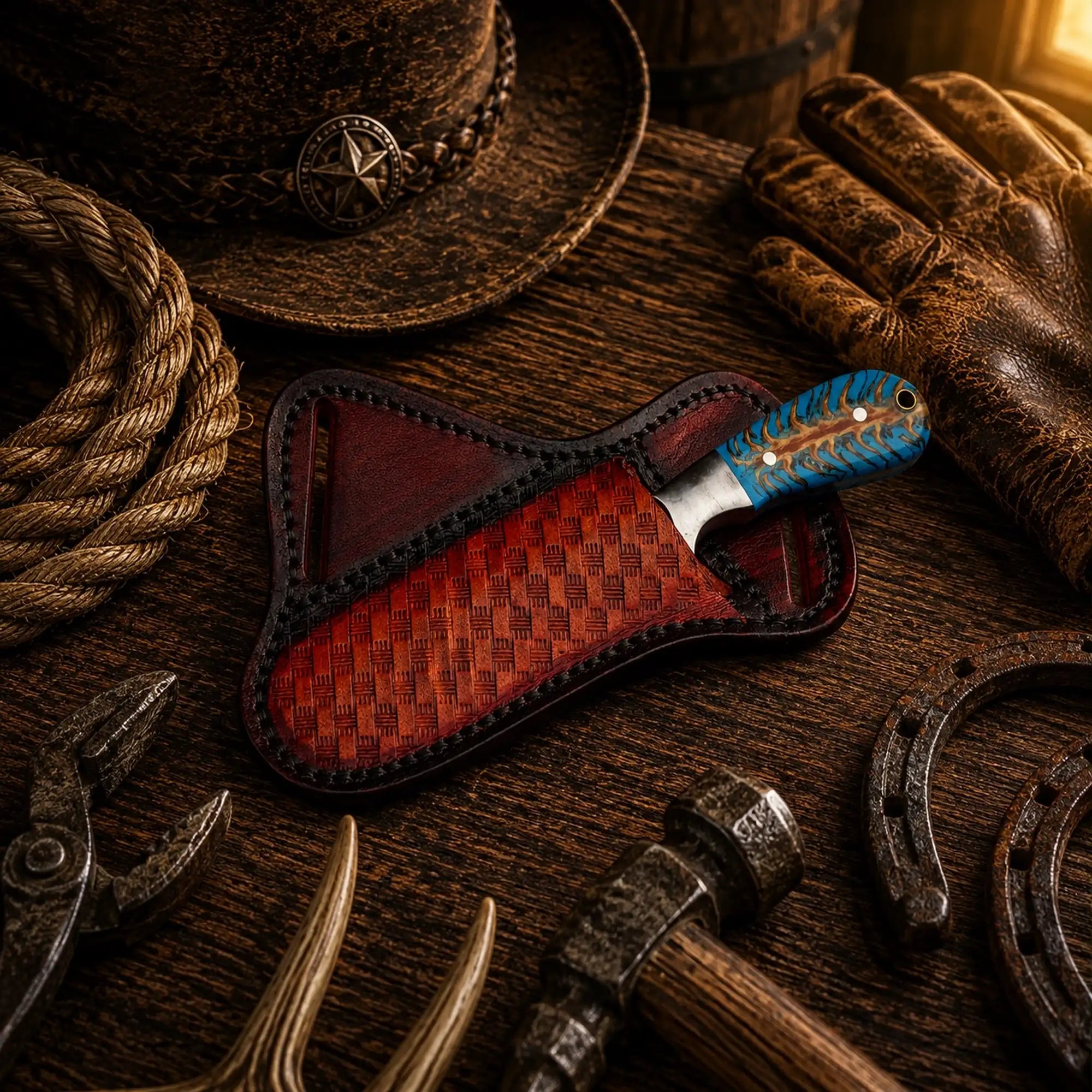 D2 steel hunting knife with cross draw pancake leather sheath.