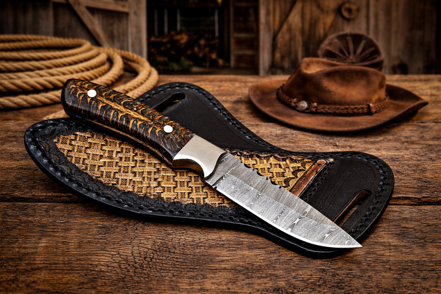 Cowboy hunting sheath knife with 4 inch Damascus steel blade and pinecone handle on rustic wooden table with cowboy rope and hat