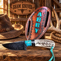 Cowboy knife with antler and turquoise-accented handle and pancake belt leather sheath