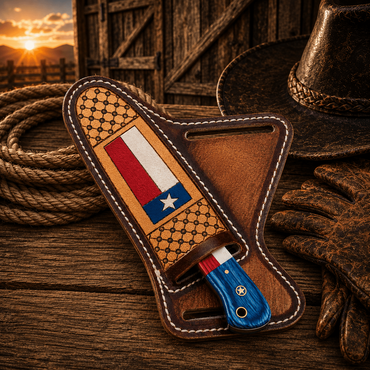 Cowboy Knife – Handmade Steel Blade Flag Handle Belt Sheath - SHAM KNIVESCowboy KnifeSHAM KNIVESCowboy belt knife with leather crossdraw sheath for EDC carry