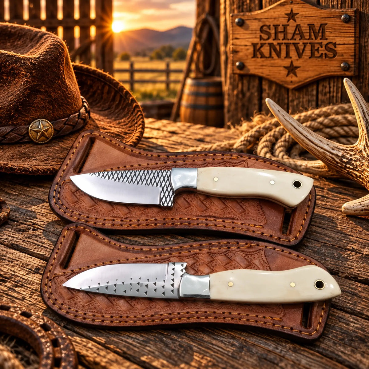 Two examples of cowboy rasp steel knives with cream-colored bone handles
