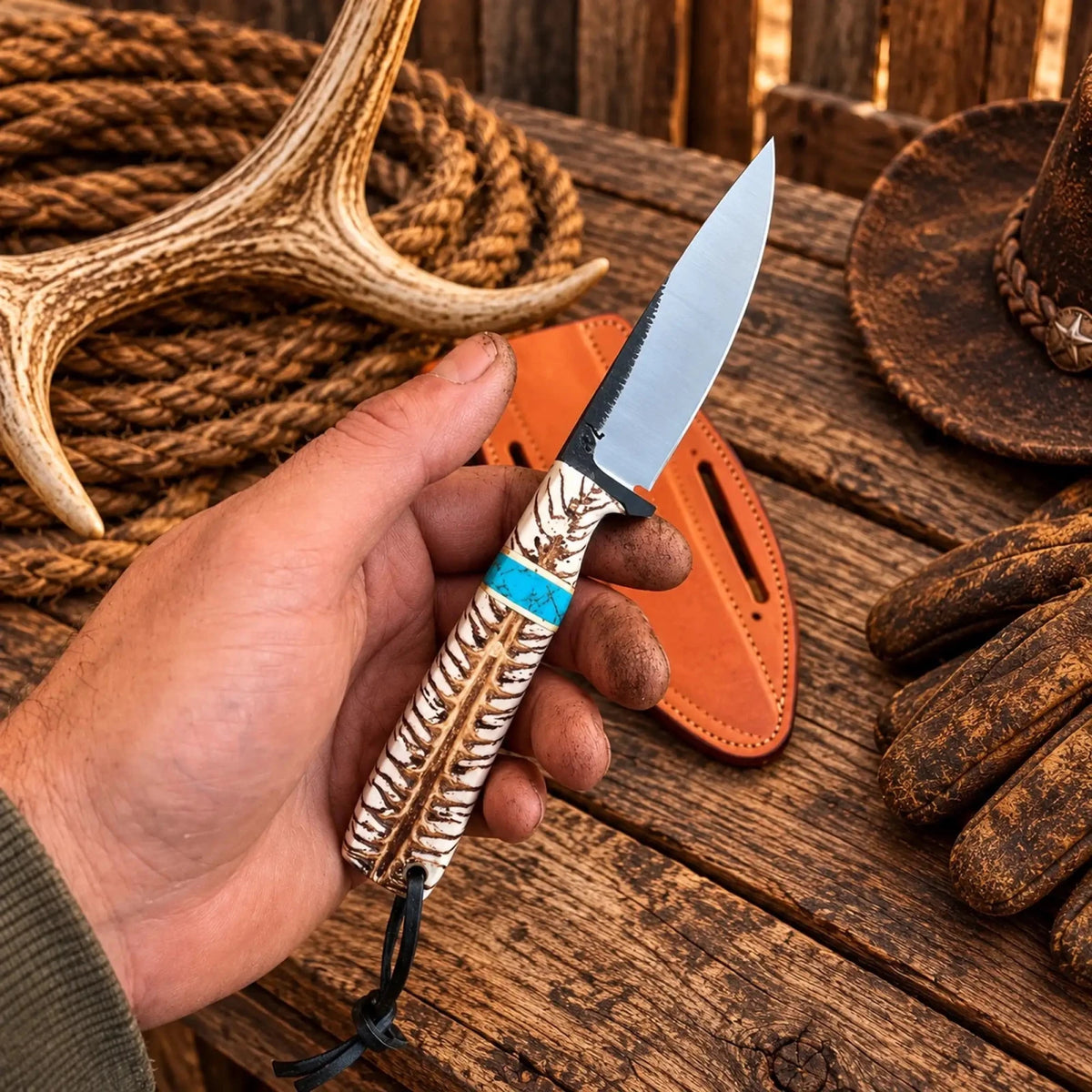 Cowboy Mini Ranch Knife – Rasp Steel with pinecone handle & pancake leather pouch - SHAM KNIVESCowboy KnifeSHAM KNIVESCowboy Mini Ranch Knife with rasp steel blade and pinecone handle