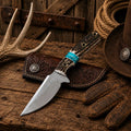 Handmade Cowboy Ranch Carry Knife with a 4-inch Rasp File steel blade, stag antler handle, turquoise inlay, and floral-tooled leather pancake sheath.
