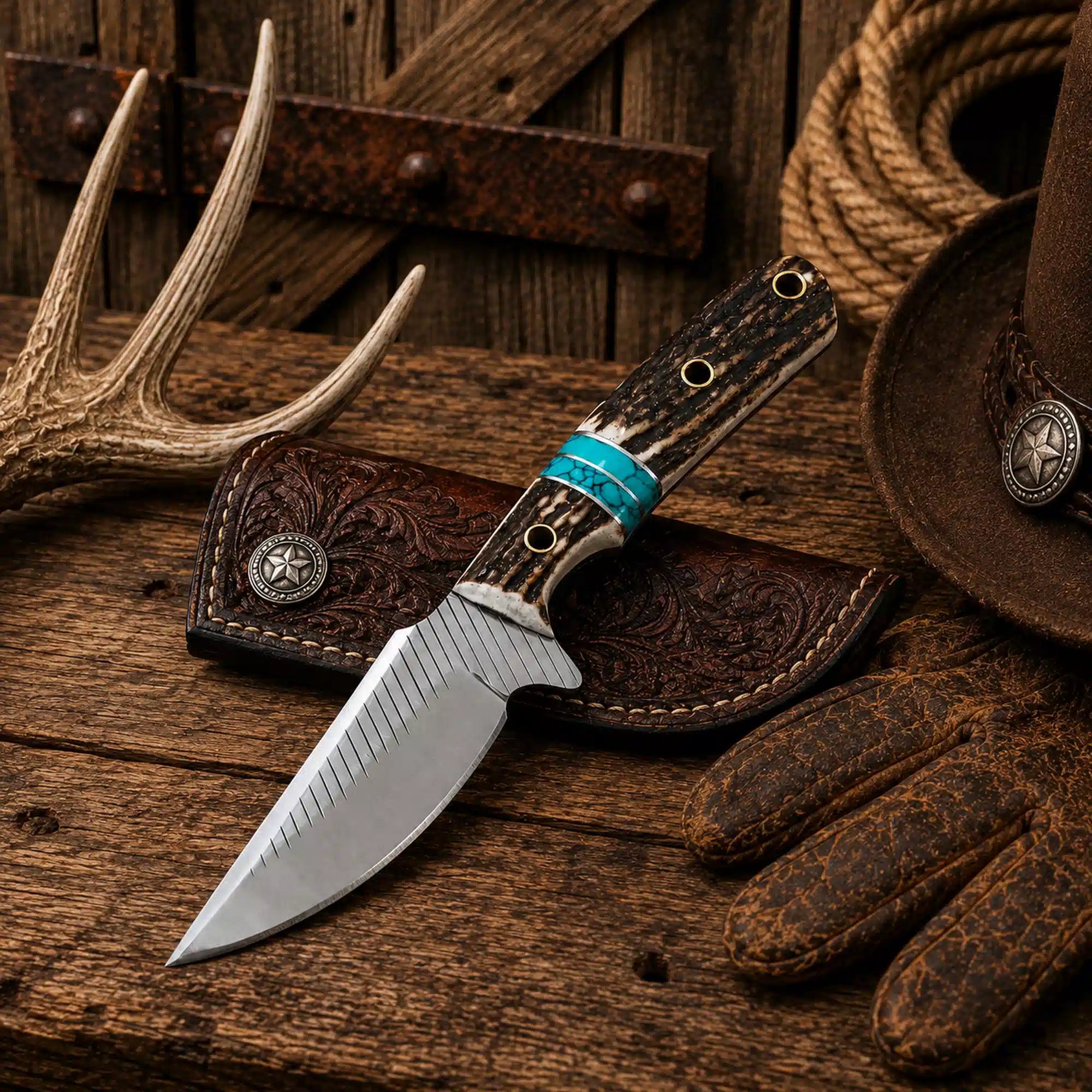 Handmade Cowboy Ranch Carry Knife with a 4-inch Rasp File steel blade, stag antler handle, turquoise inlay, and floral-tooled leather pancake sheath.