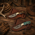 Handmade Damascus ranch knife set with pine cone resin handles and leather sheaths