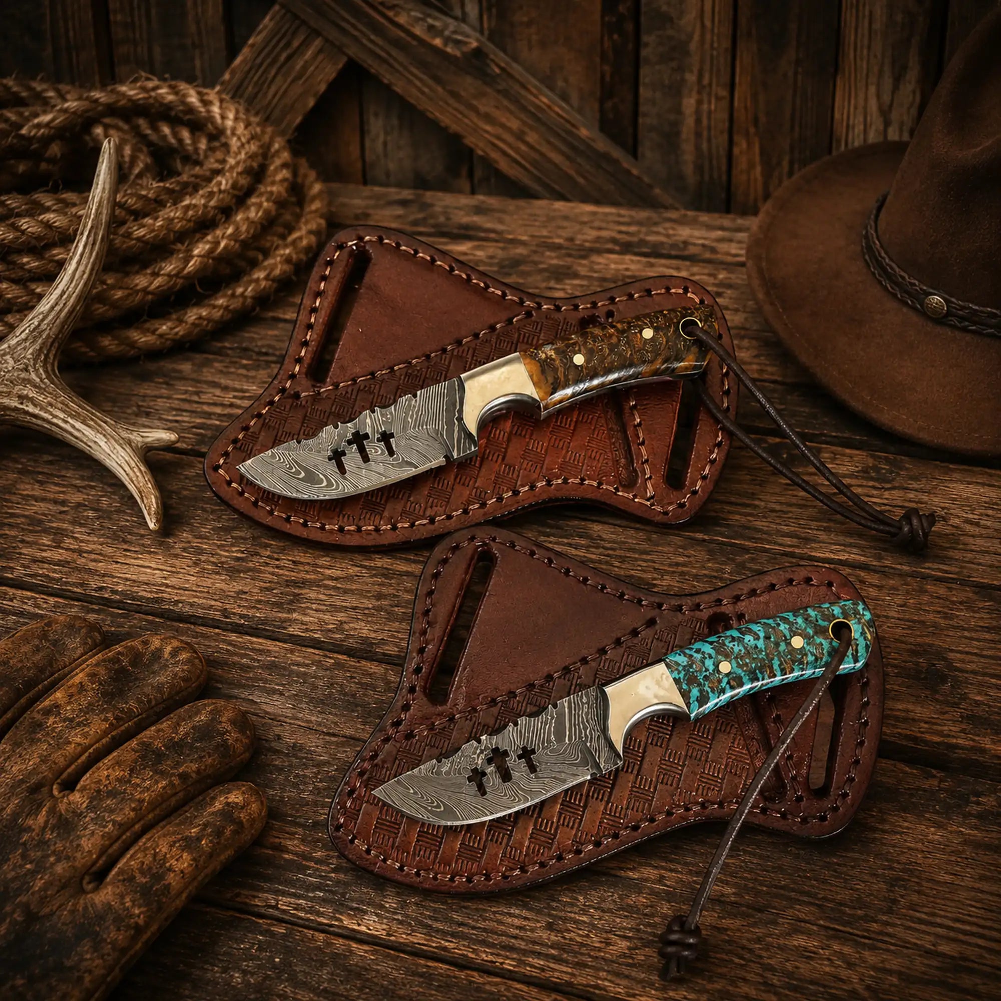 Handmade Damascus ranch knife set with pine cone resin handles and leather sheaths