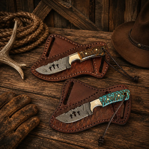 Handmade Damascus ranch knife set with pine cone resin handles and leather sheaths