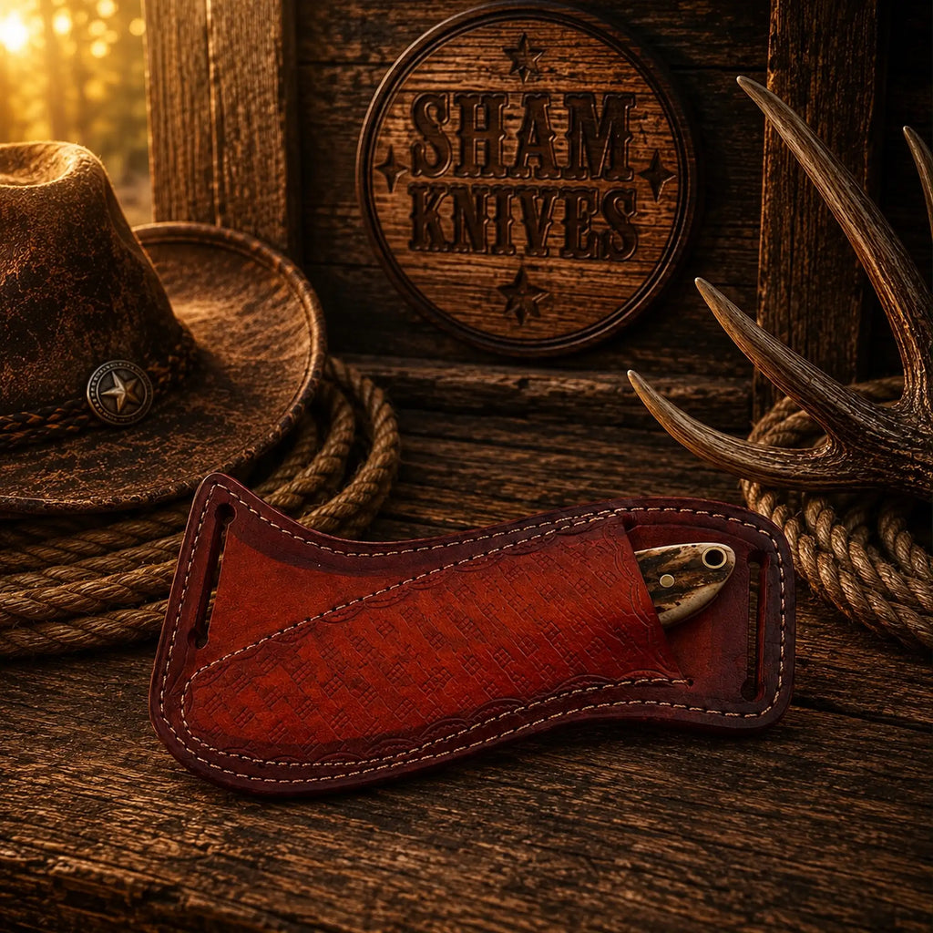 Cowboy ranch knife displayed on a hand-tooled cross-draw leather sheath