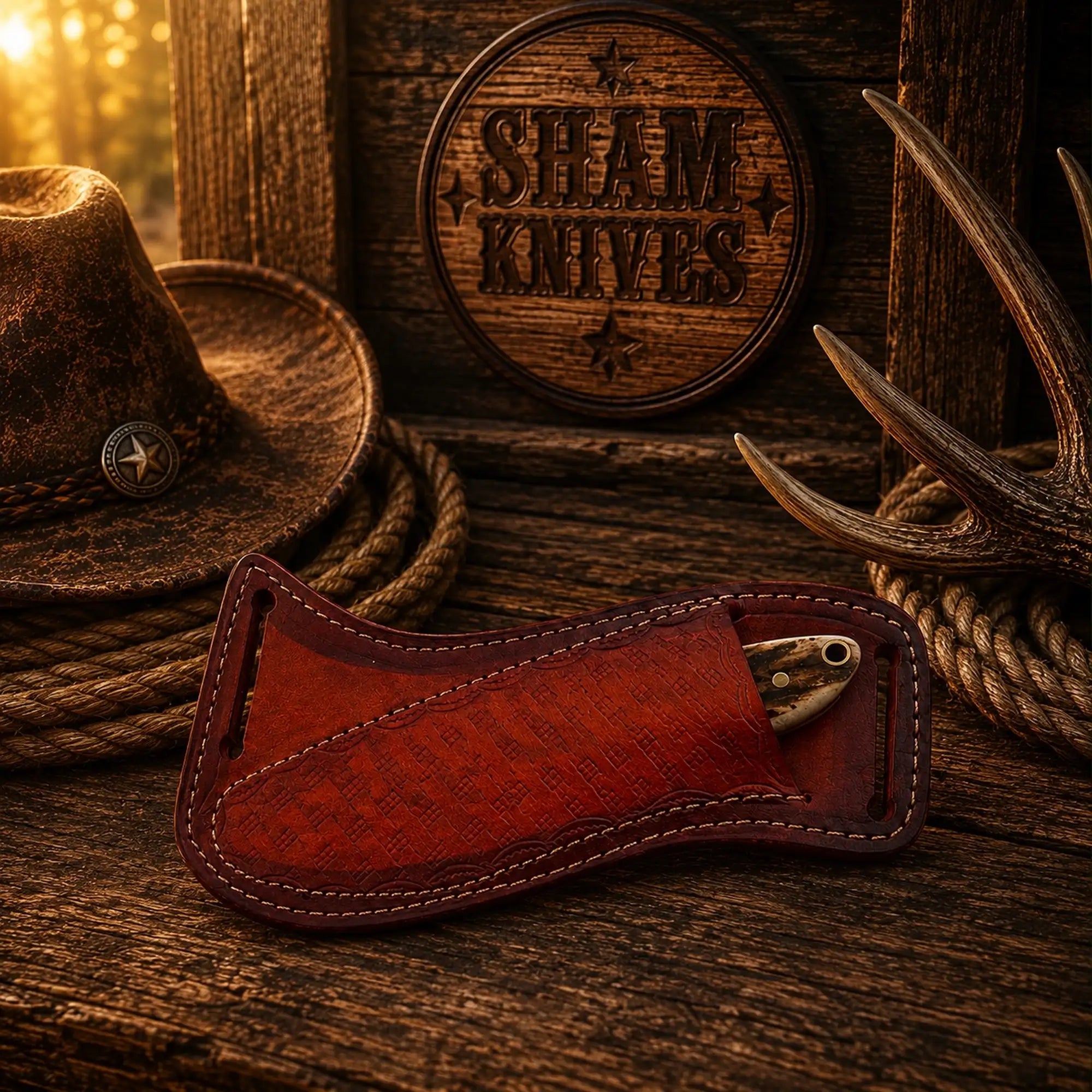 Cowboy ranch knife displayed on a hand-tooled cross-draw leather sheath