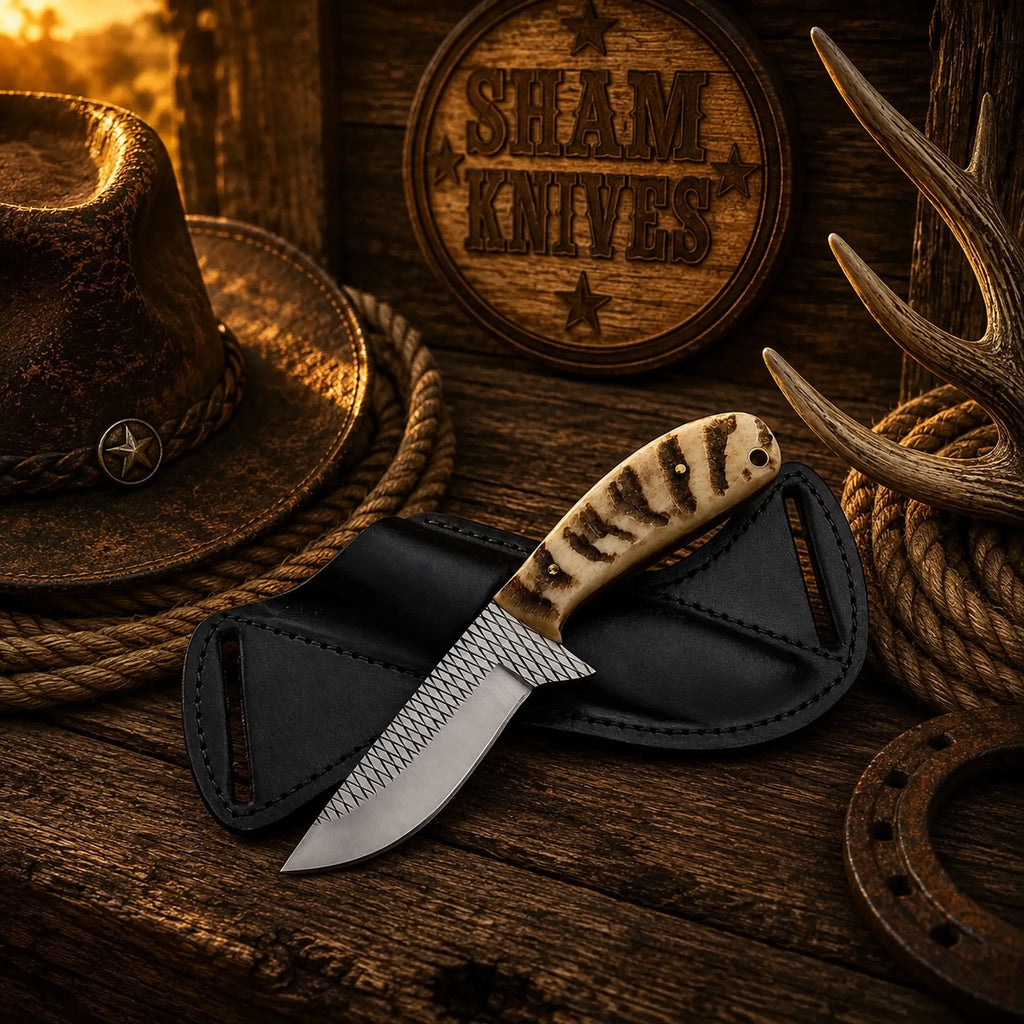 Cowboy ranch knife featuring preserved rasp teeth and brass pins