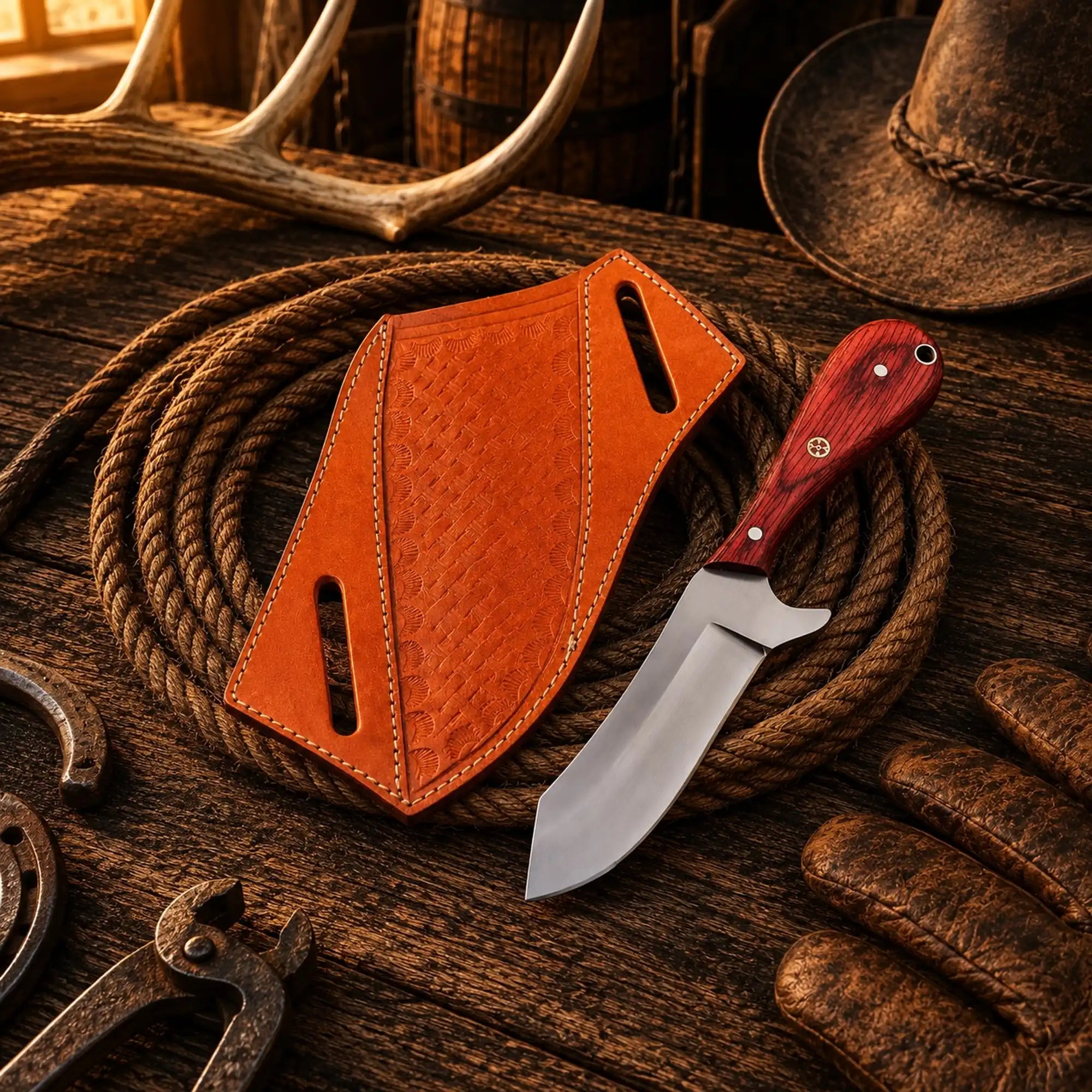 Handmade Cowboy Ranch Skinner Knife with 4-inch D2 steel blade and Red Pakka Wood handle