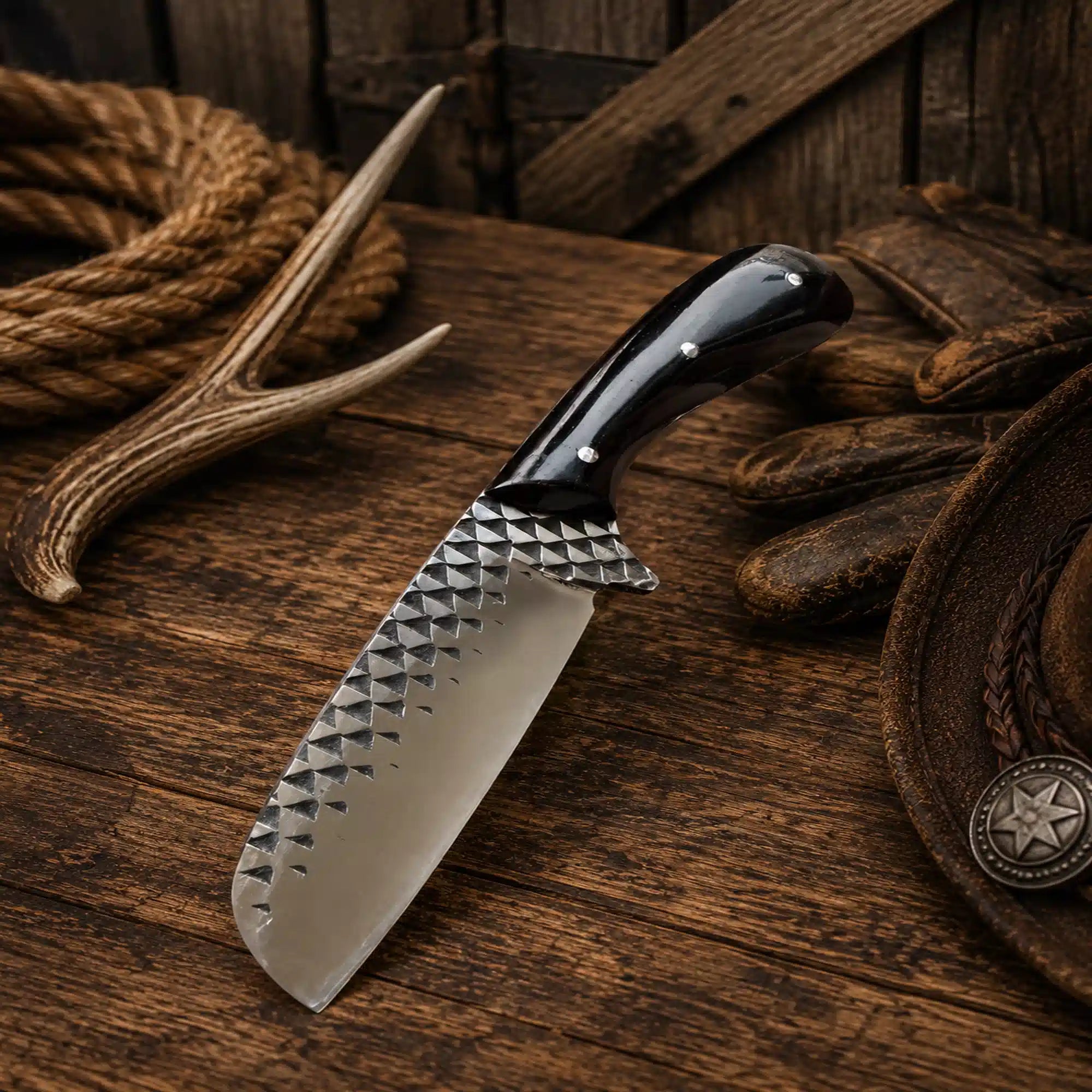 Full tang cowboy carry knife with hand-forged Rasp Steel blade, black buffalo horn handle, and genuine leather horizontal carry sheath.